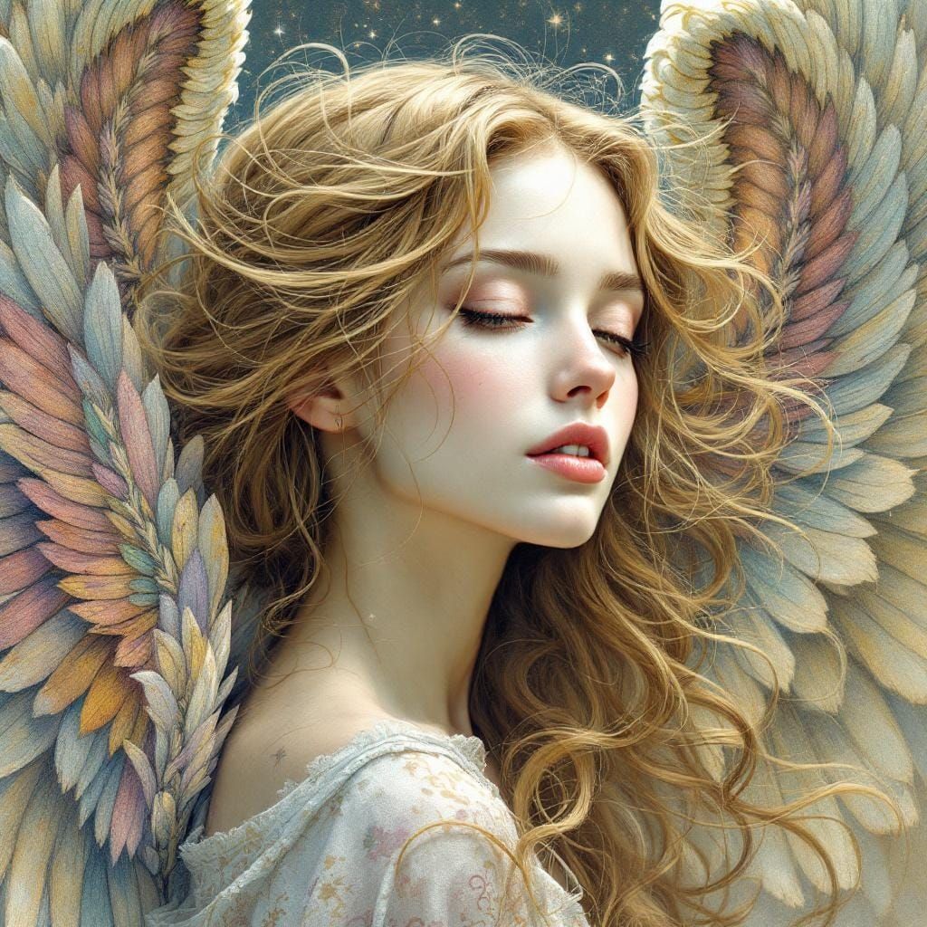 Angelic Woman with Flowing Hair in Art Nouveau Style