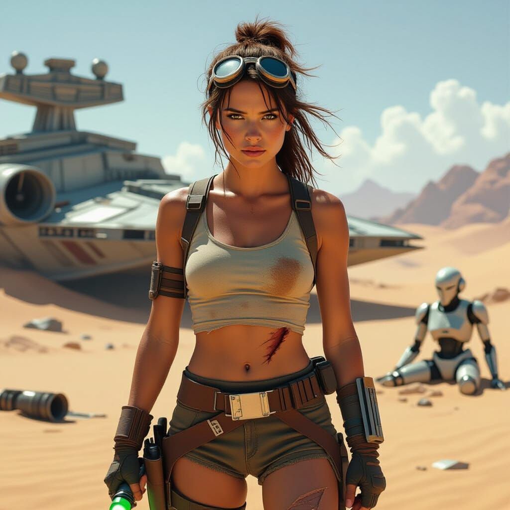 Rey the Scavenger on Desert Planet in Rugged Style