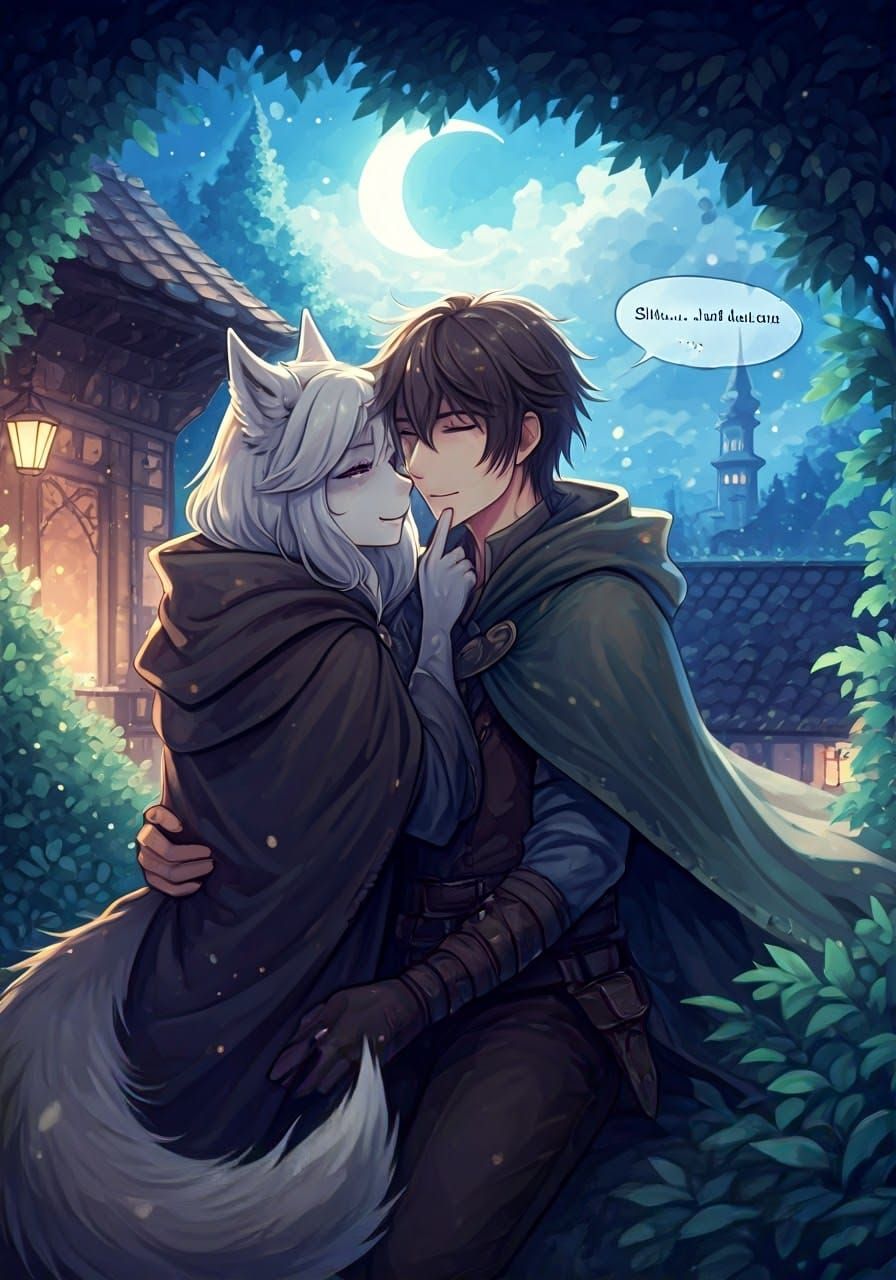 Anime Wolf and Man Embrace in Pastel Realm