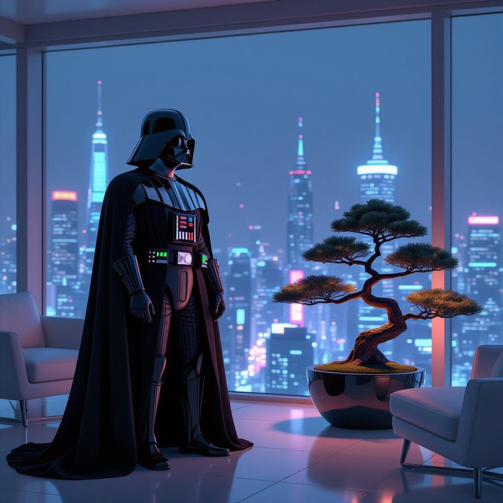 Darth Vader in Cyberpunk Cityscape