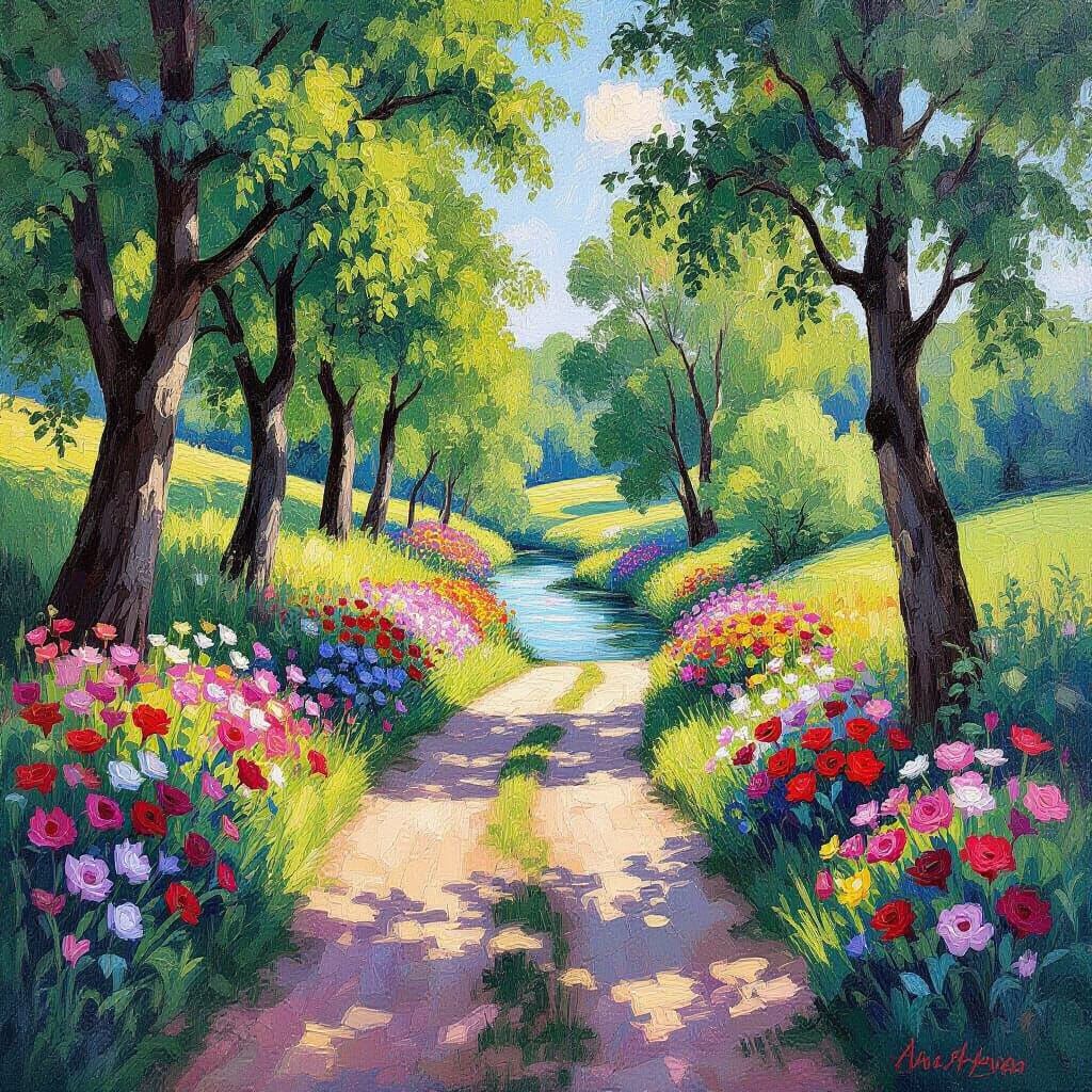 Impressionist Flowers and Brook in Gouache Watercolor