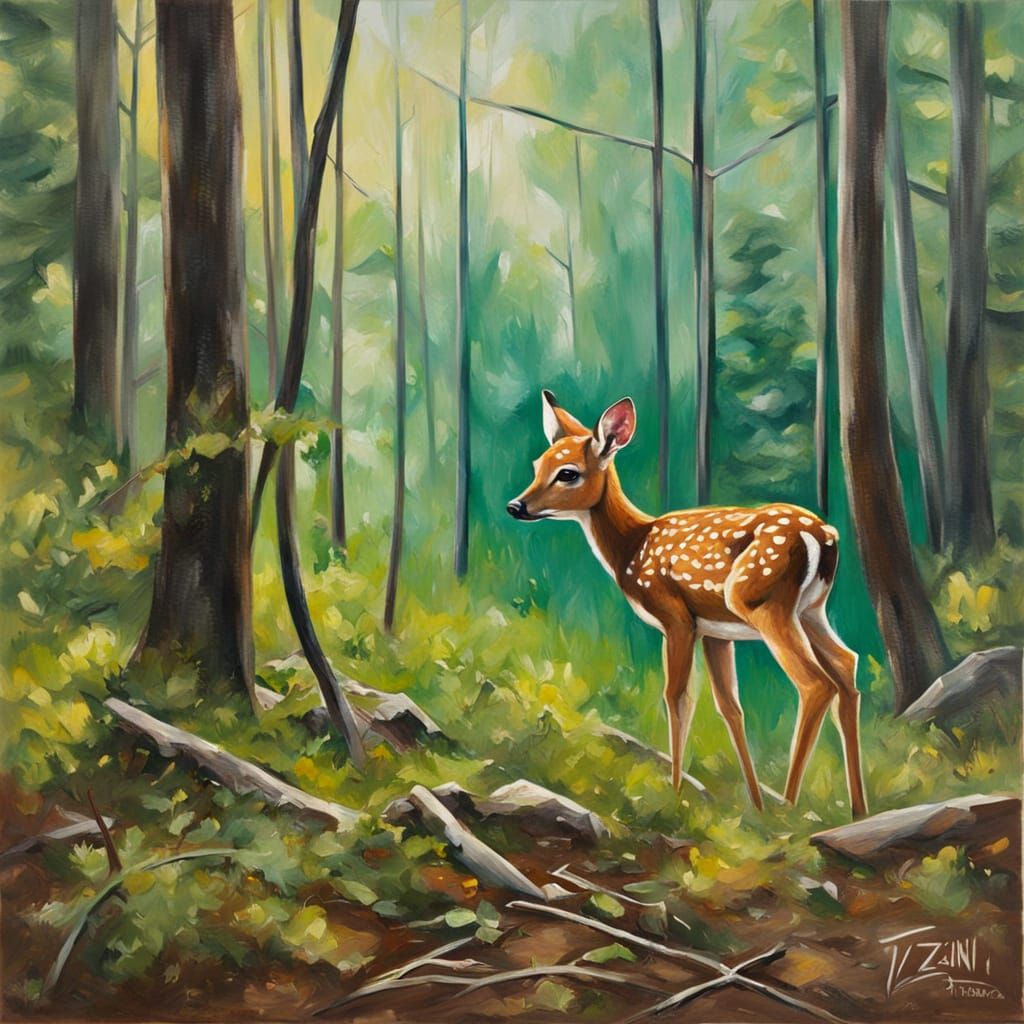 Fawn in Forest Clearing as Oil Painting