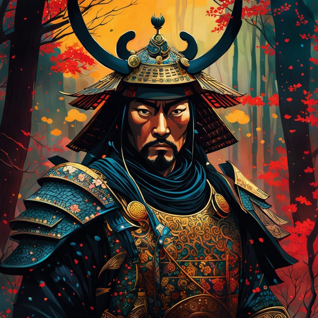 Samurai Portrait with Luminous Colors in Watercolor Style