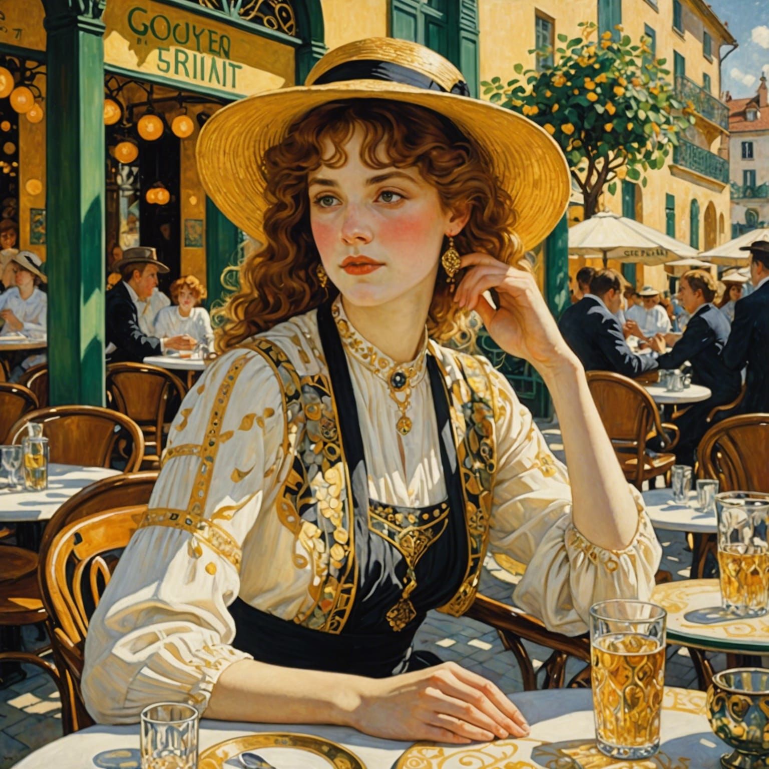 Girl in Cafe, Art Nouveau Style