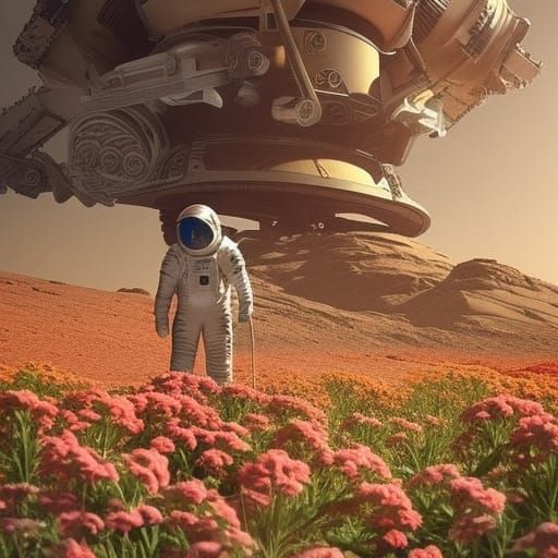Astronaut Gardening on Mars with Colorful Flowers