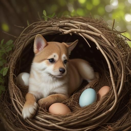 Dog Hatches Puppy Eggs: Hyperrealistic Close-Up Photo