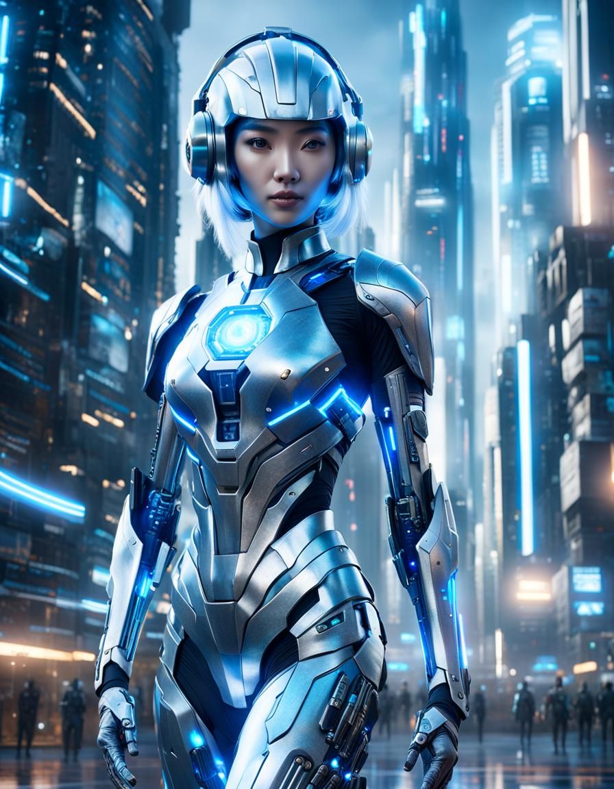 Futuristic Hologram Woman in Cyberpunk City
