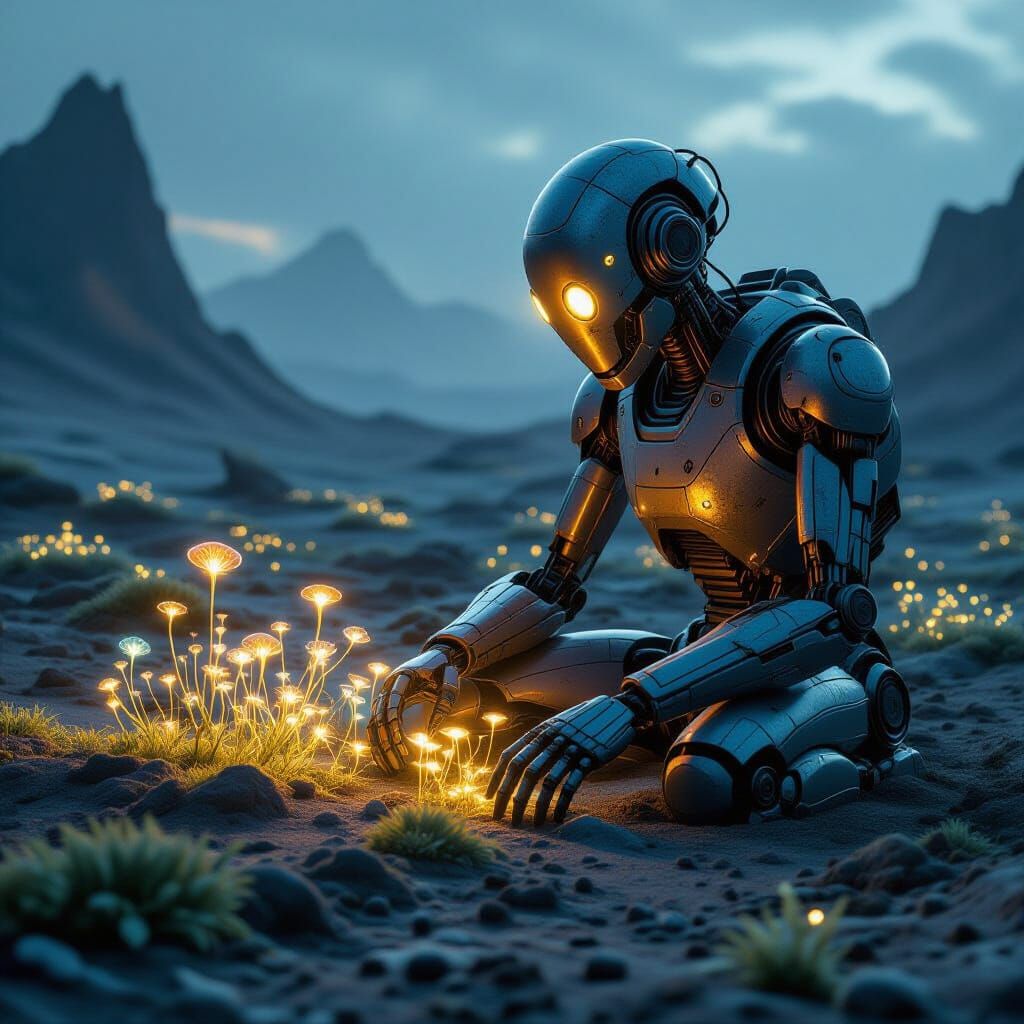 Ancient Robot Tends Alien Bioluminescent Garden