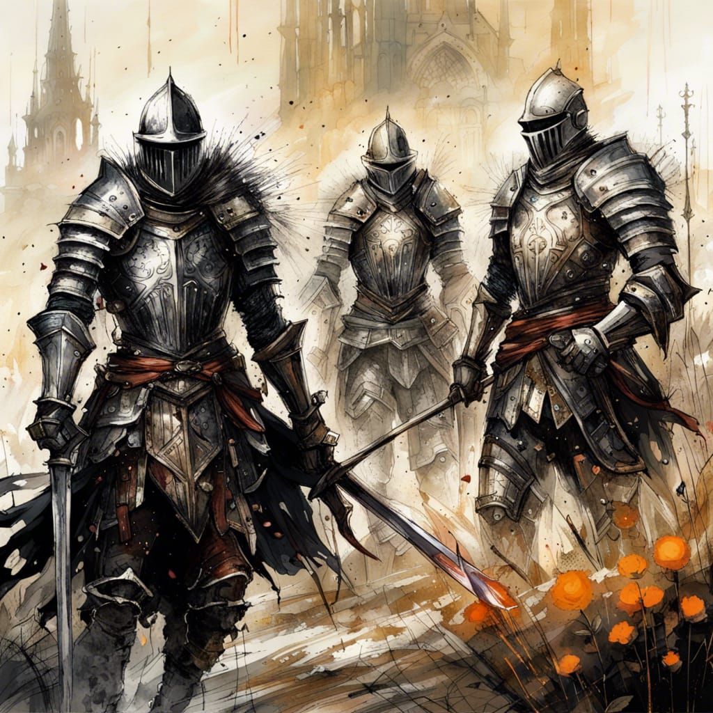 Gothic Knights in Rose Field, Gouache Style