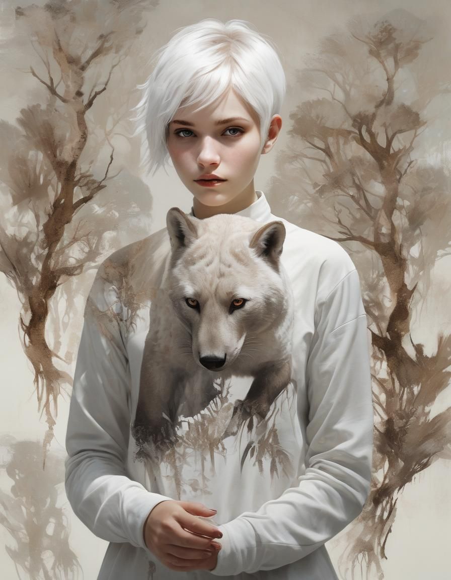 Girl Holding Fossa in Double Exposure Painting