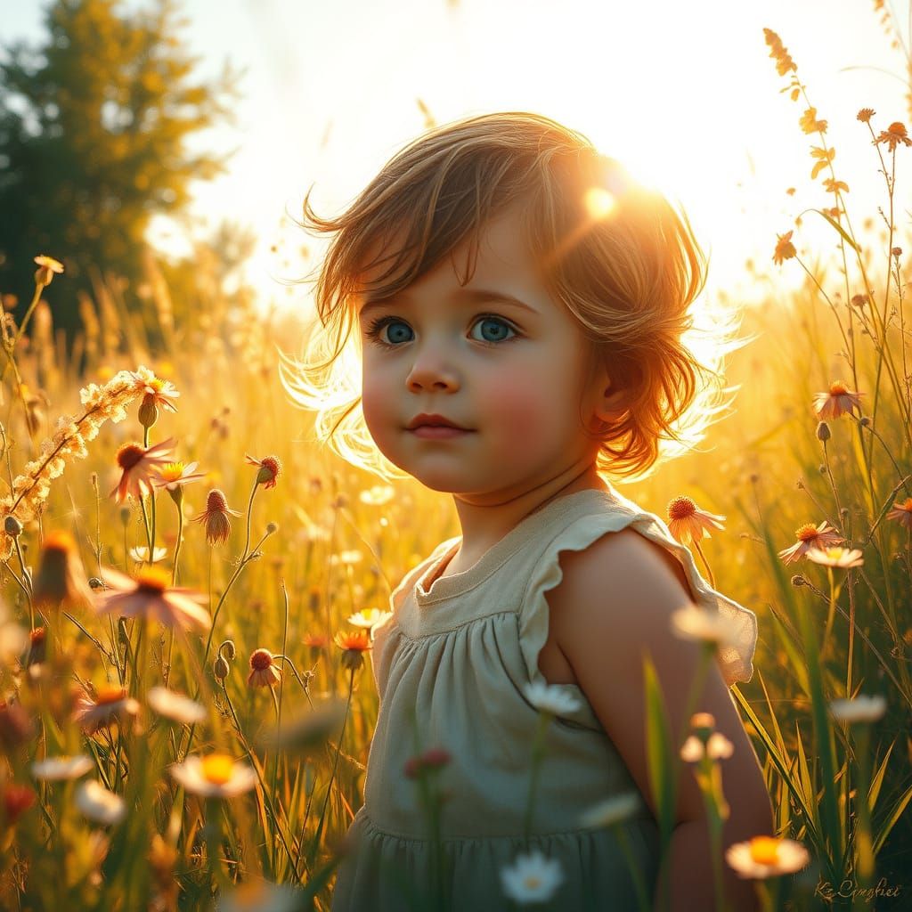 Child in Sunlit Meadow: Impressionist Painting