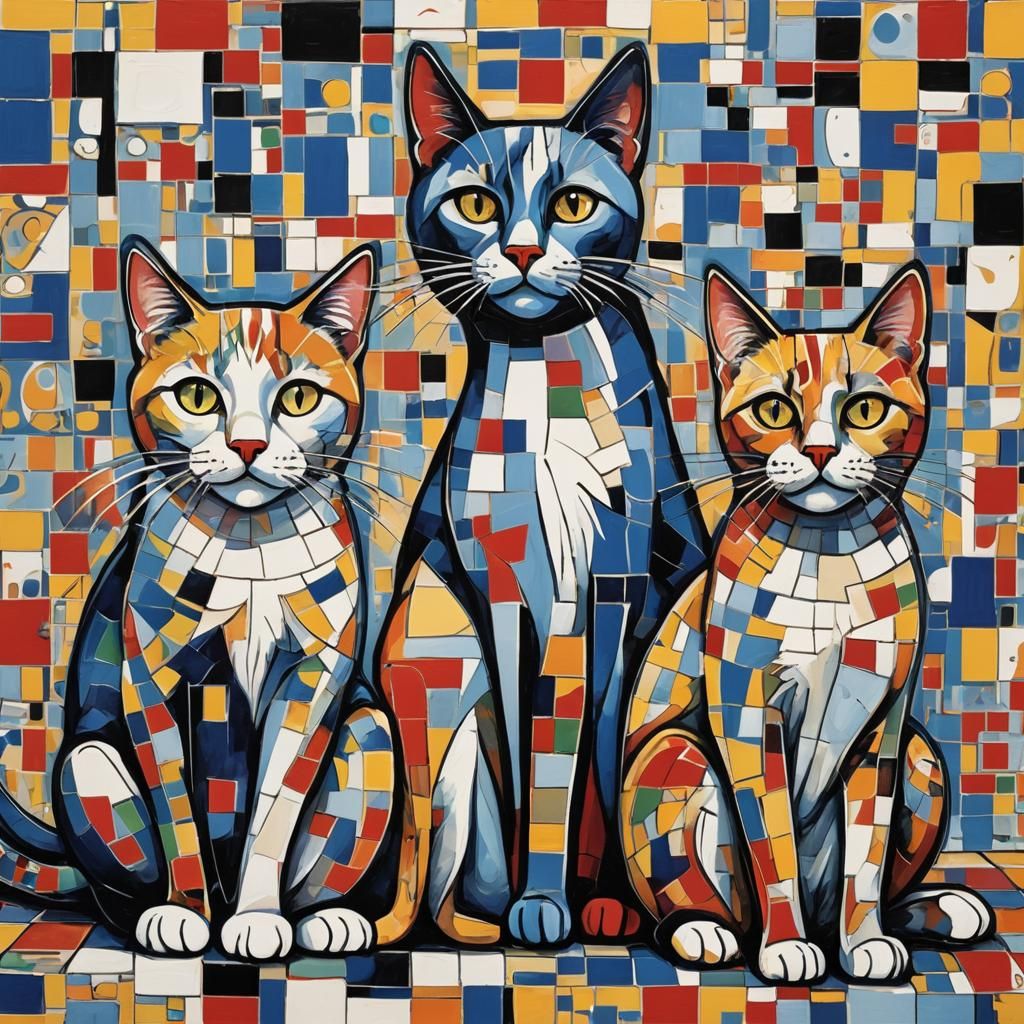Cubist Cats Playing on Mondrian Grid in Pop Art Style
