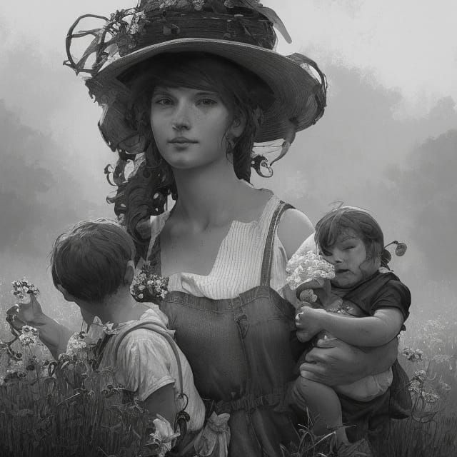 Happy Farmer Family Portrait in Black and White