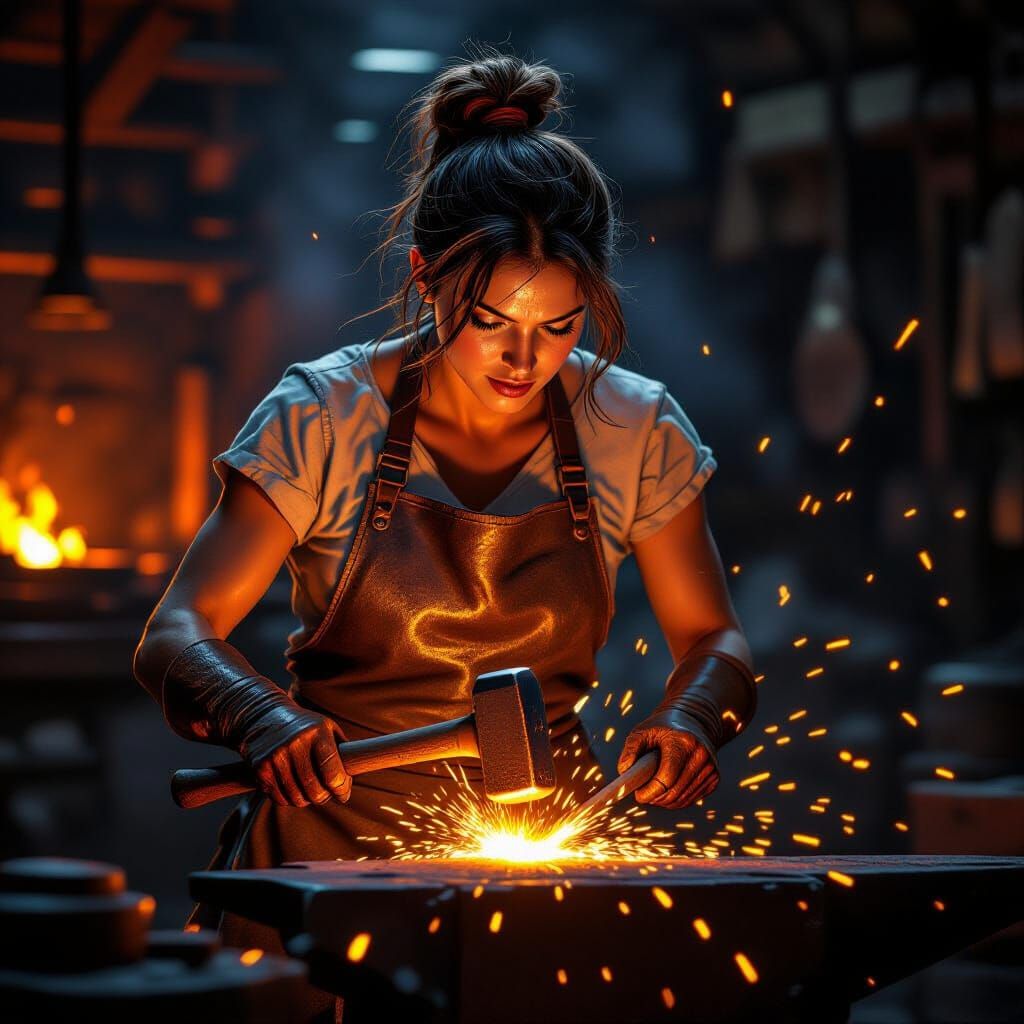 Female Blacksmith Forging Metal with Sparks Flying