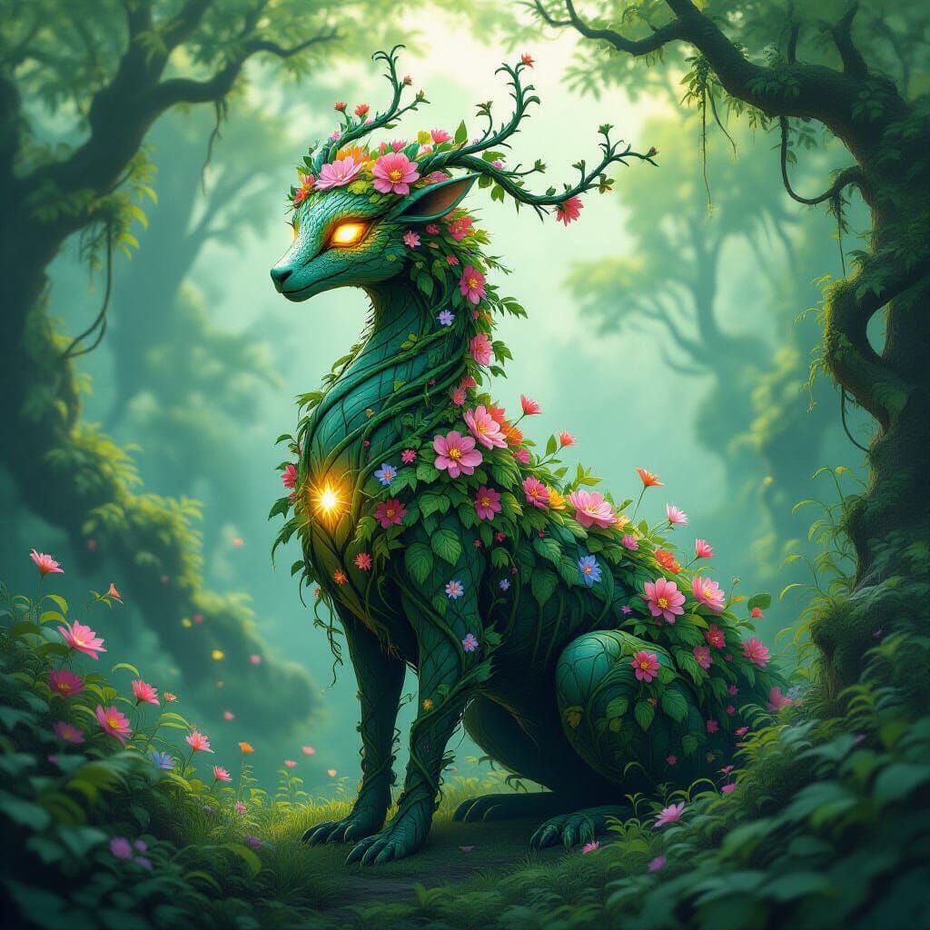 Mystical Forest Creature in Botanical Fantasy Art