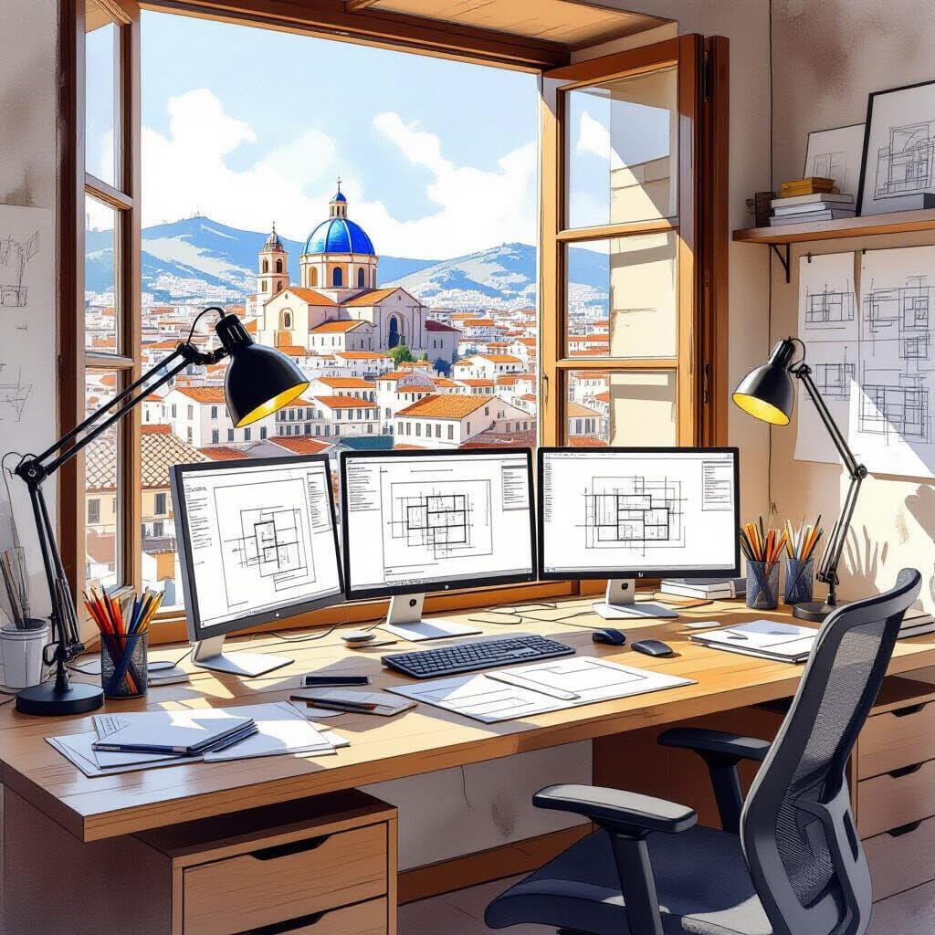 Architect's Mediterranean View: Watercolor Urban Sketch