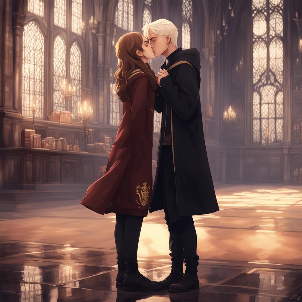 Hermione and Draco Kiss in Anime Art Style