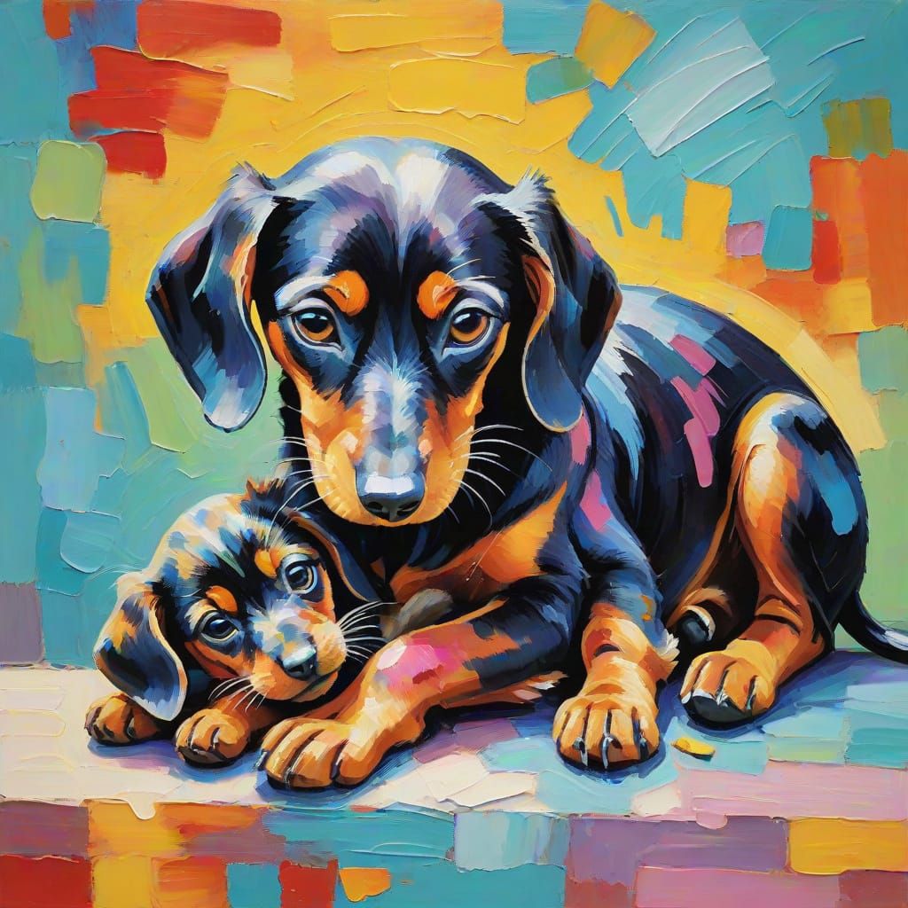 Neo-Impressionist Dachshund Family Portrait with Cat