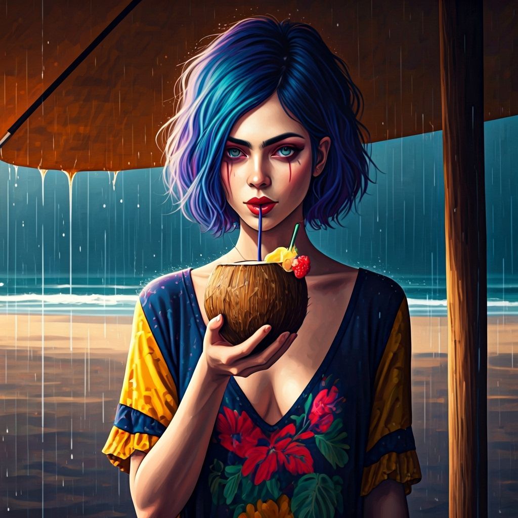 Vibrant Goth Woman Sipping Drink in Rainy Scene
