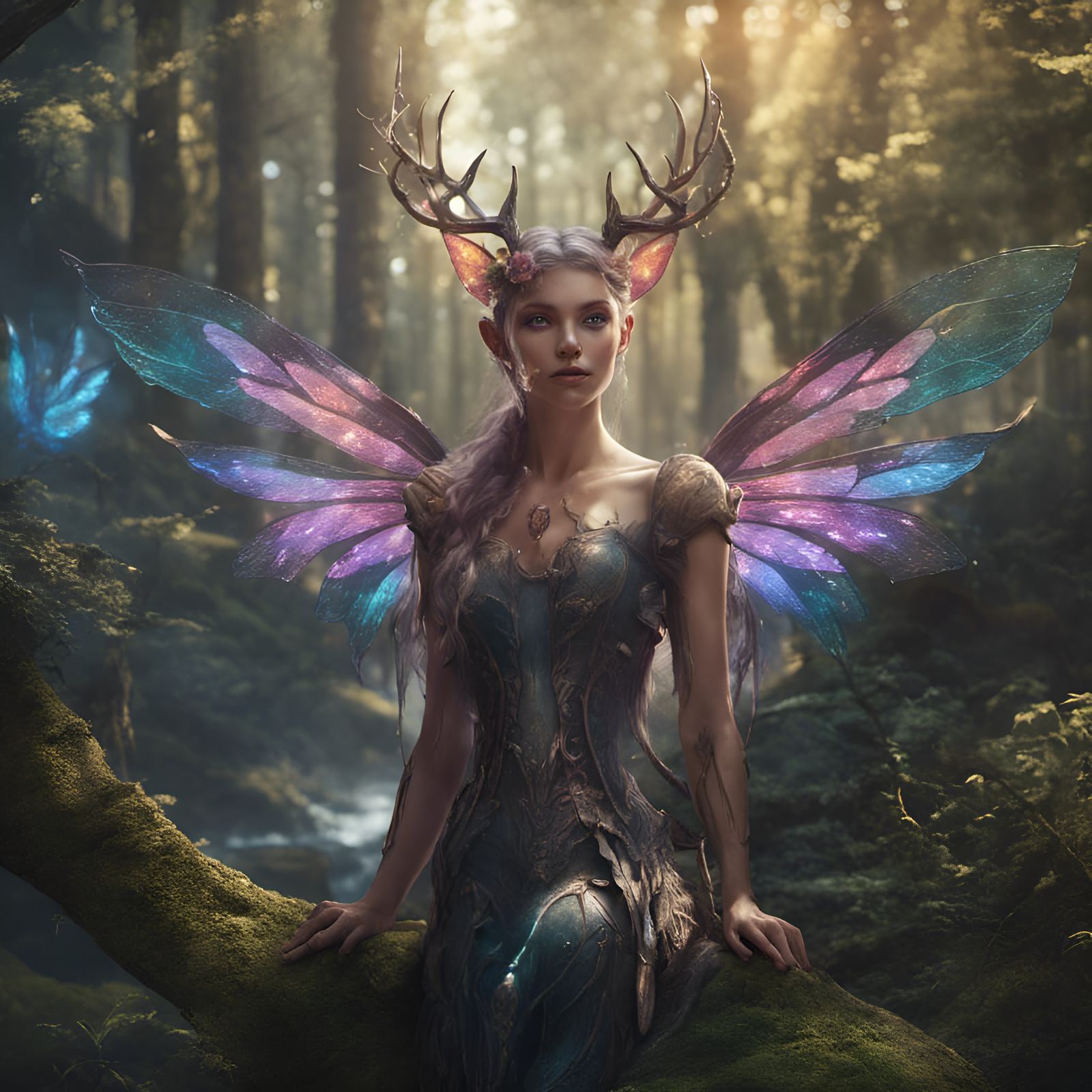 Forest Fairy with Deer in Detailed Matte Painting