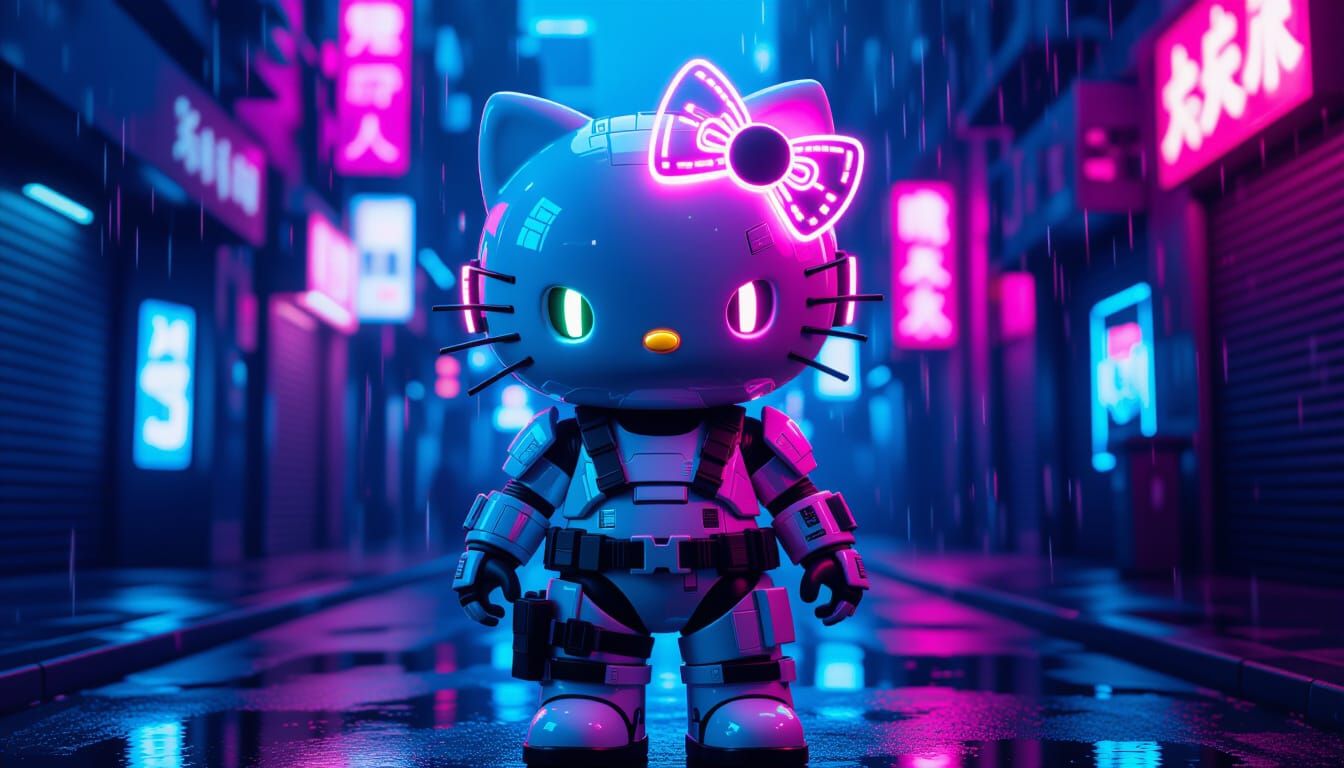 Cyberpunk Hello Kitty in Neon Alleyway