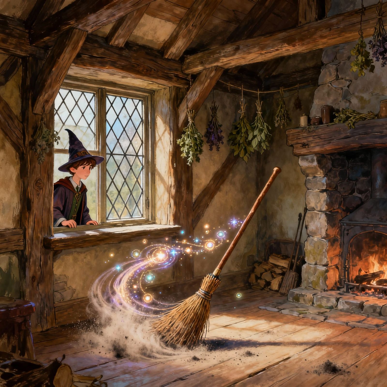 Wizard Apprentice's Broom Sweeps Dust in Cottage