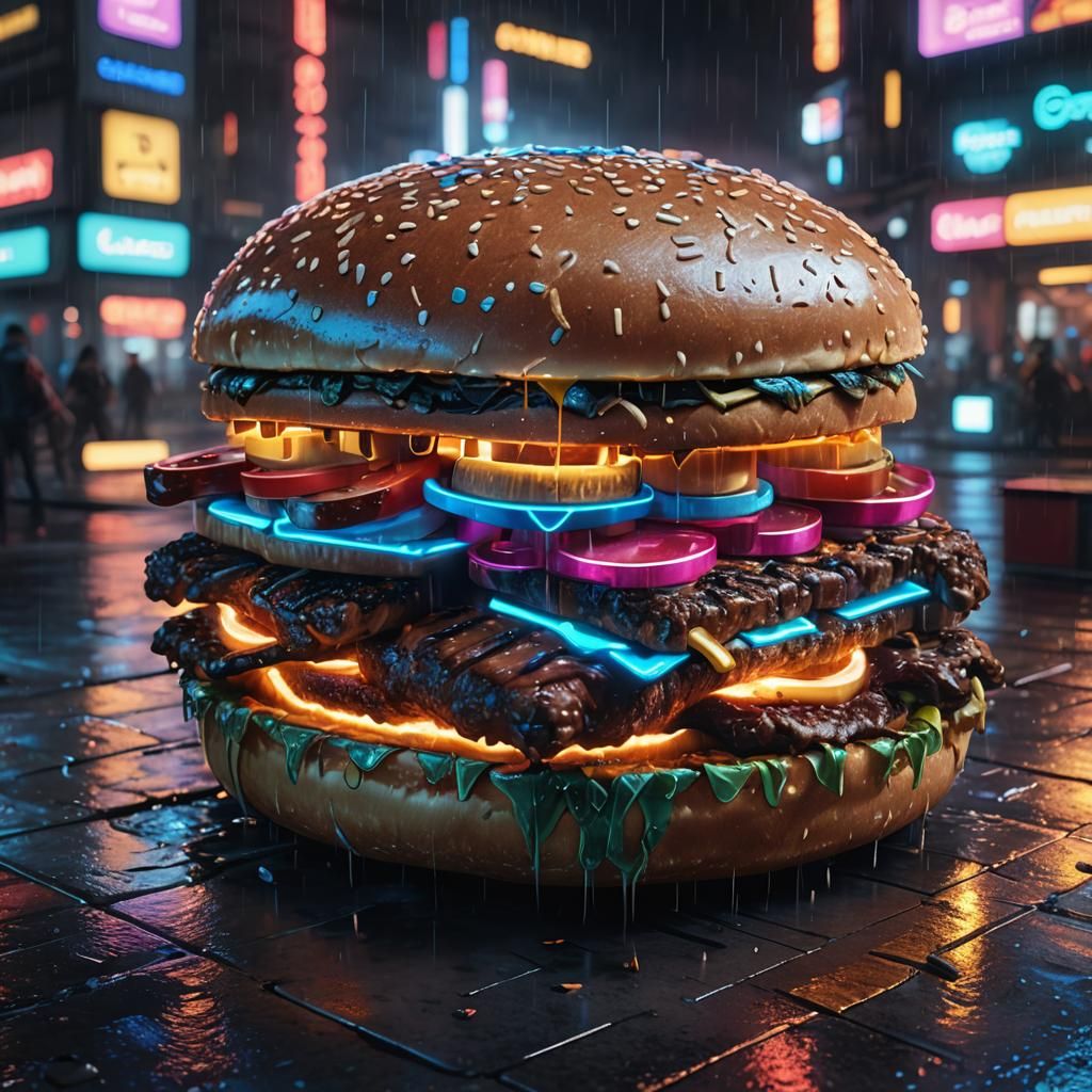 Cyberpunk Hamburger on Neon City Street, 3D Render