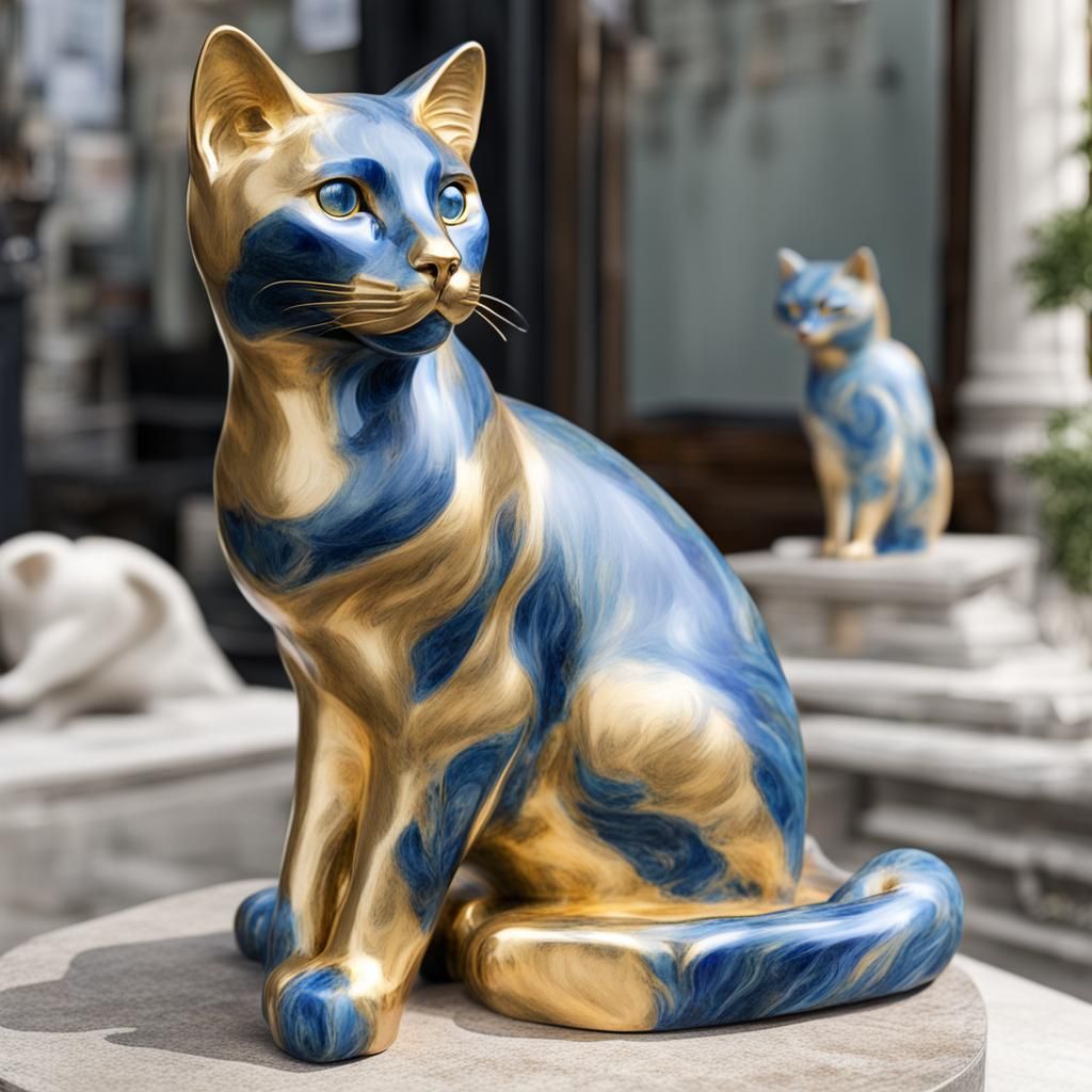 Blue and Gold Marble Cat Statue