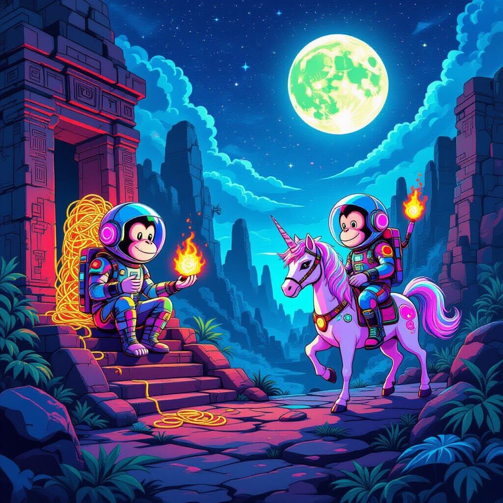 Cosmic Monkeys in Absurd Cyberpunk Scenes