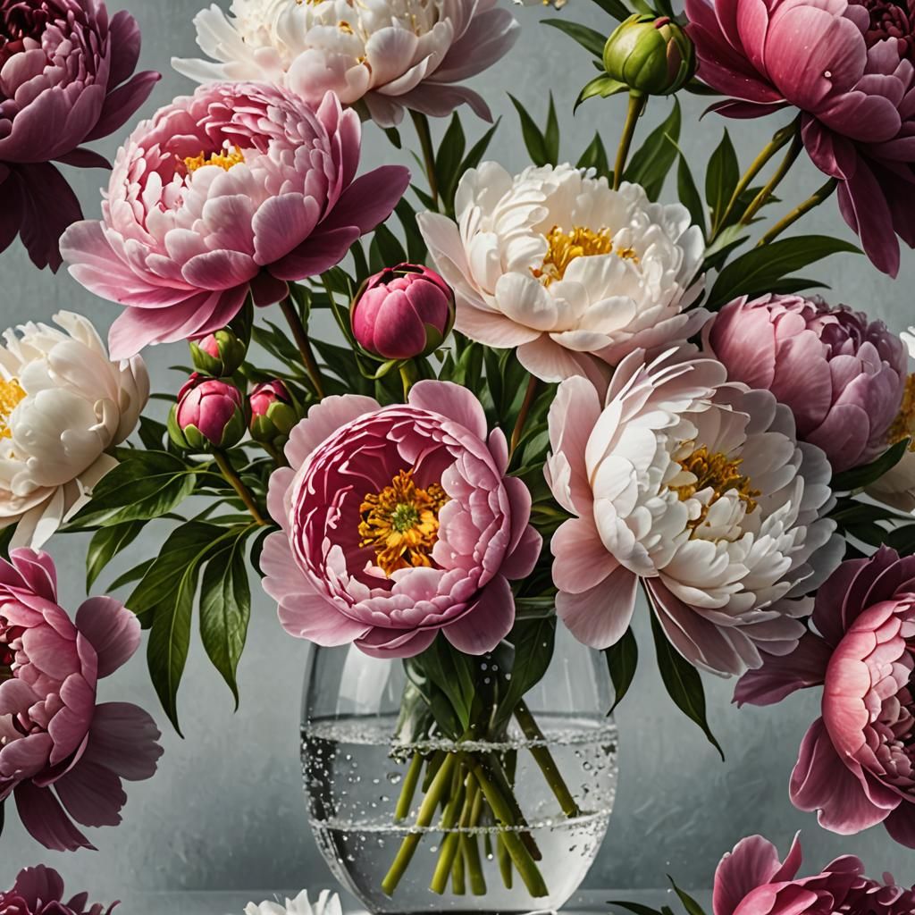 Photorealistic Vase of Peonies with Dew Drops