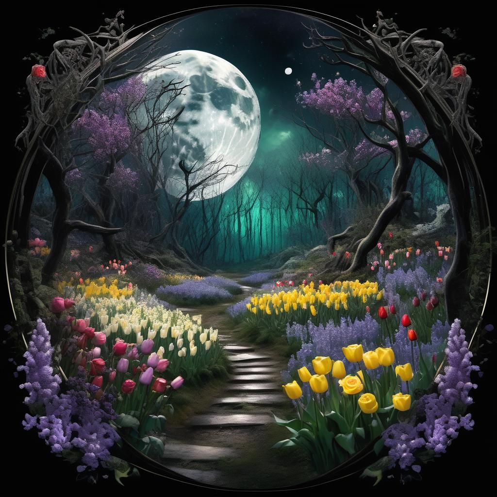 Moonlit Mythpunk Garden in a Dark Forest
