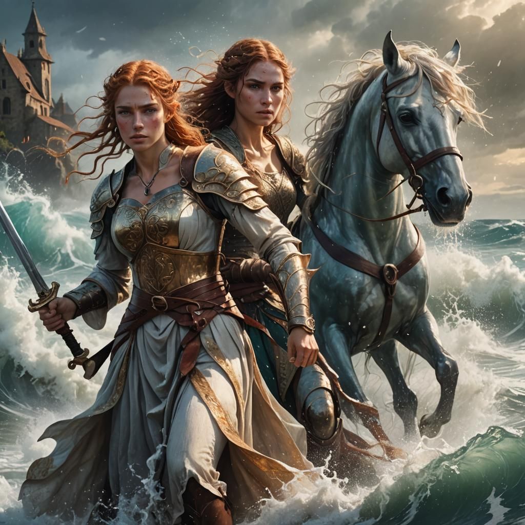 Half-Elf Girl and Water Horse Fantasy Art