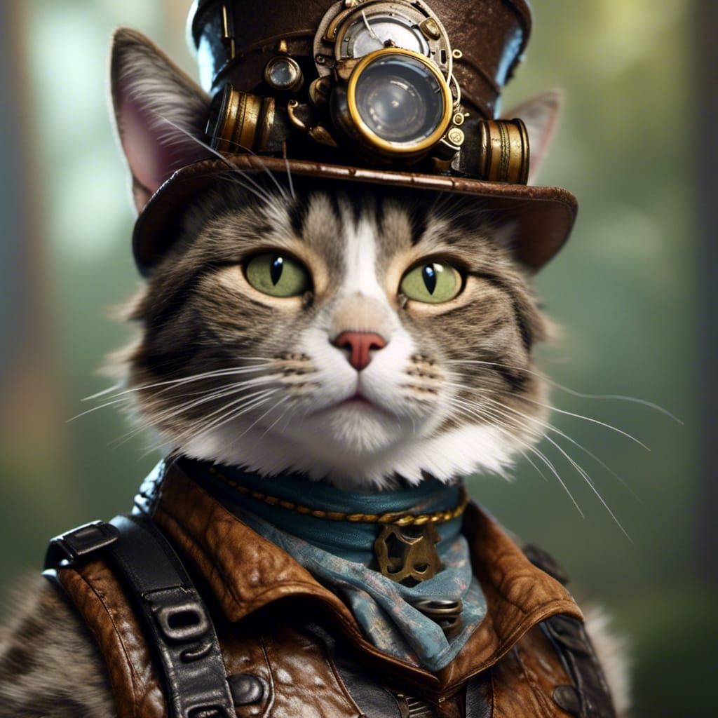 Steampunk Cat Portrait in 3D Game Style