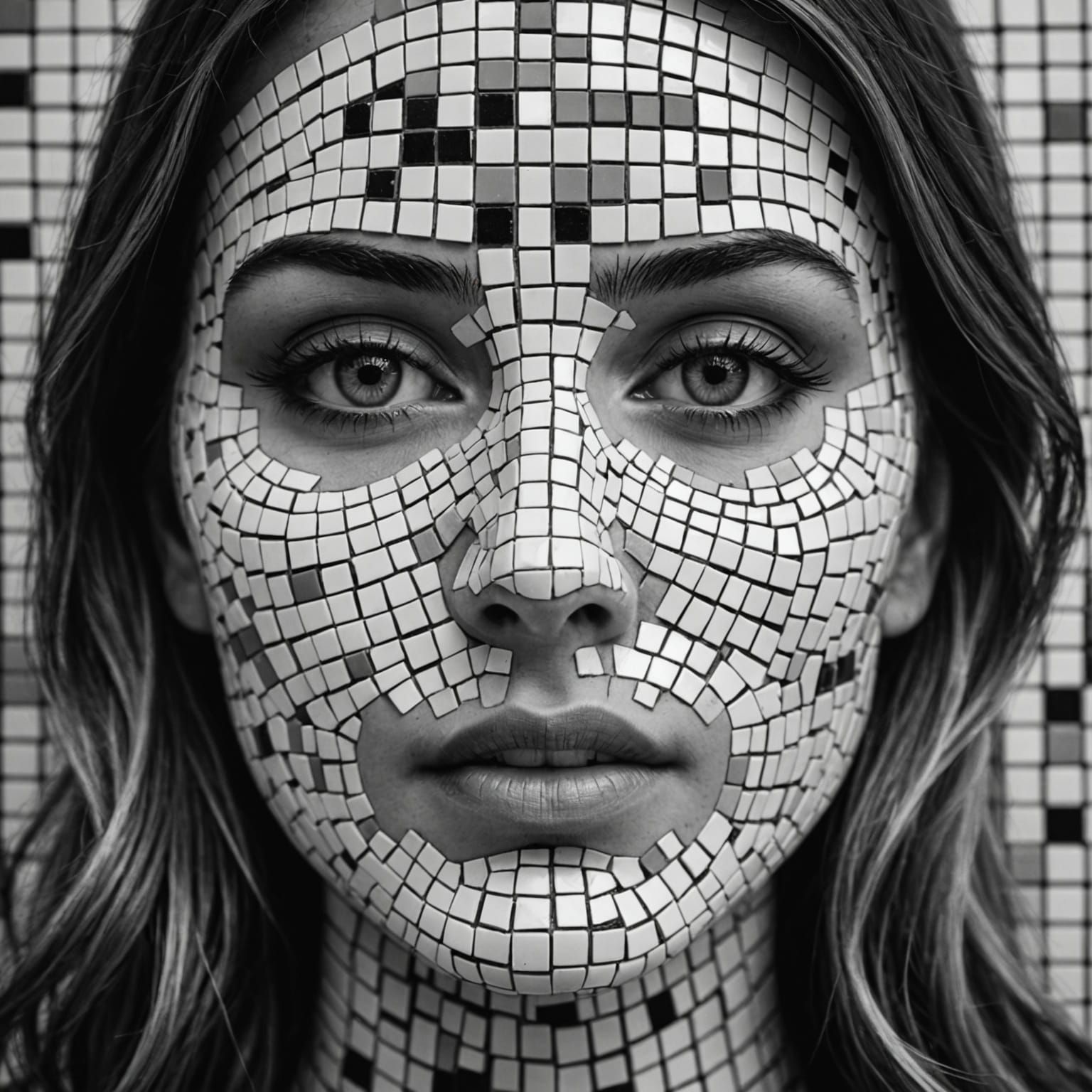 Serenely Symmetrical Mosaic Portrait in Black and White