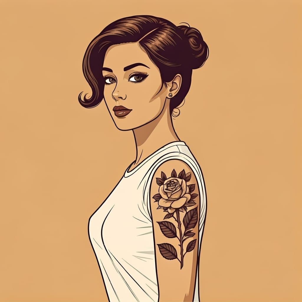 Retro Ink Drawing of Woman with Rose Tattoo