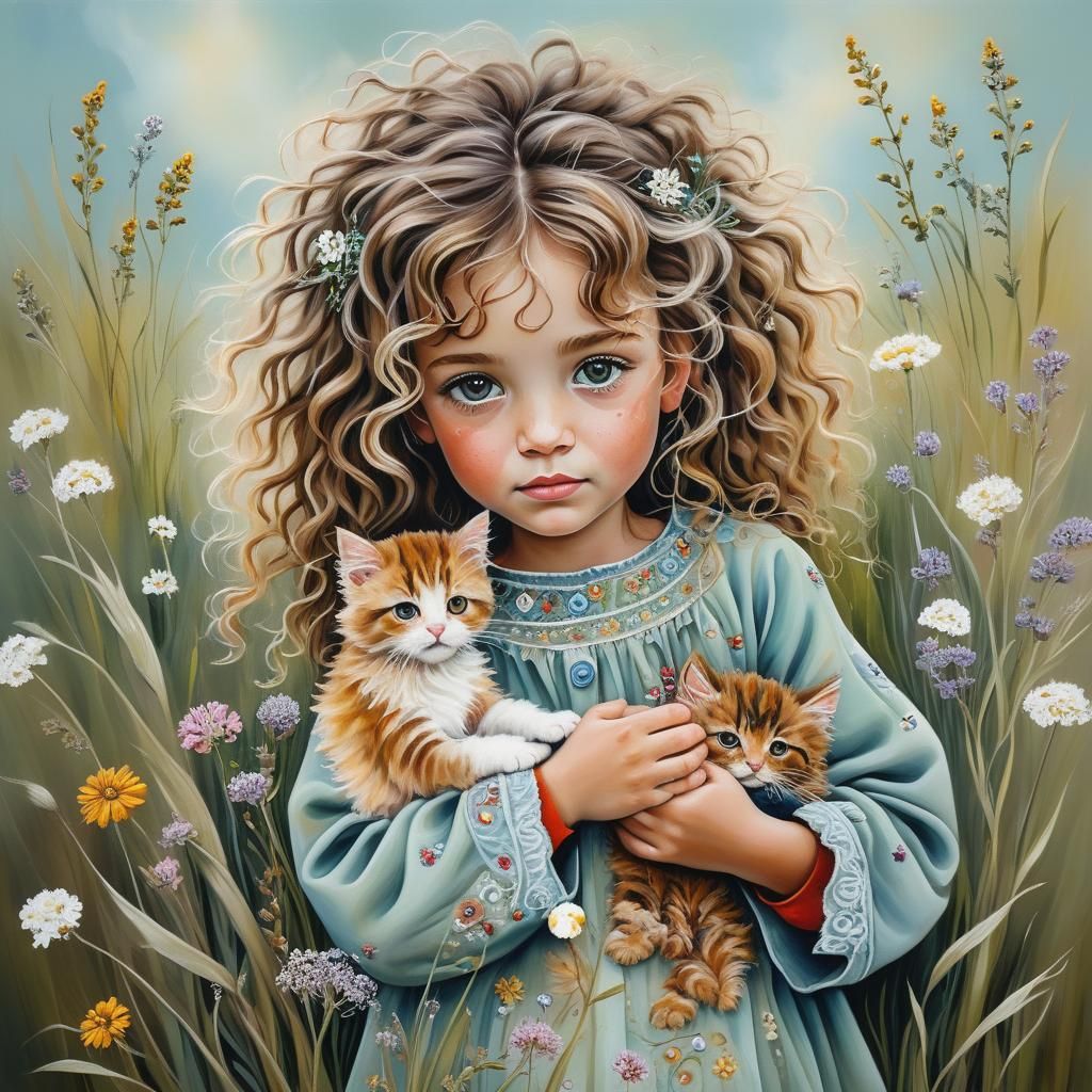 Boho Art: Girl with Kitten in Wildflowers