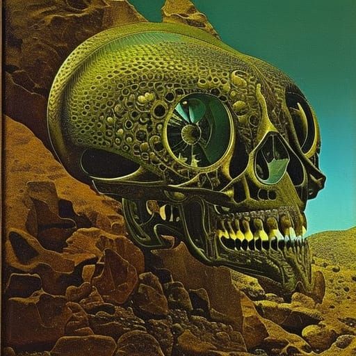 "Dinosaur skull, prismatic, jeweled, by artist Max Ernst, 16k Resolution, Highly Detailed, Beautiful Composition, Deep C...