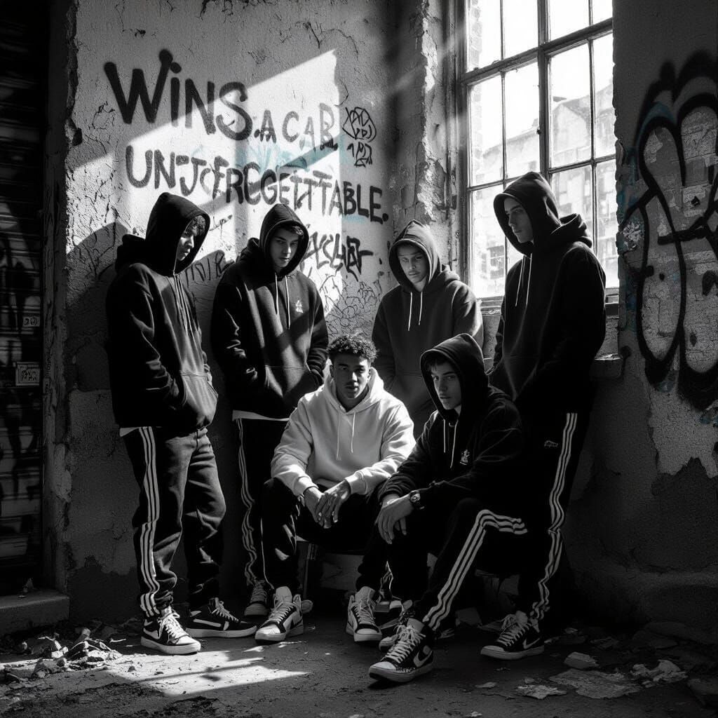Five Young Men in Brotherhood Pose with Graffiti Wall