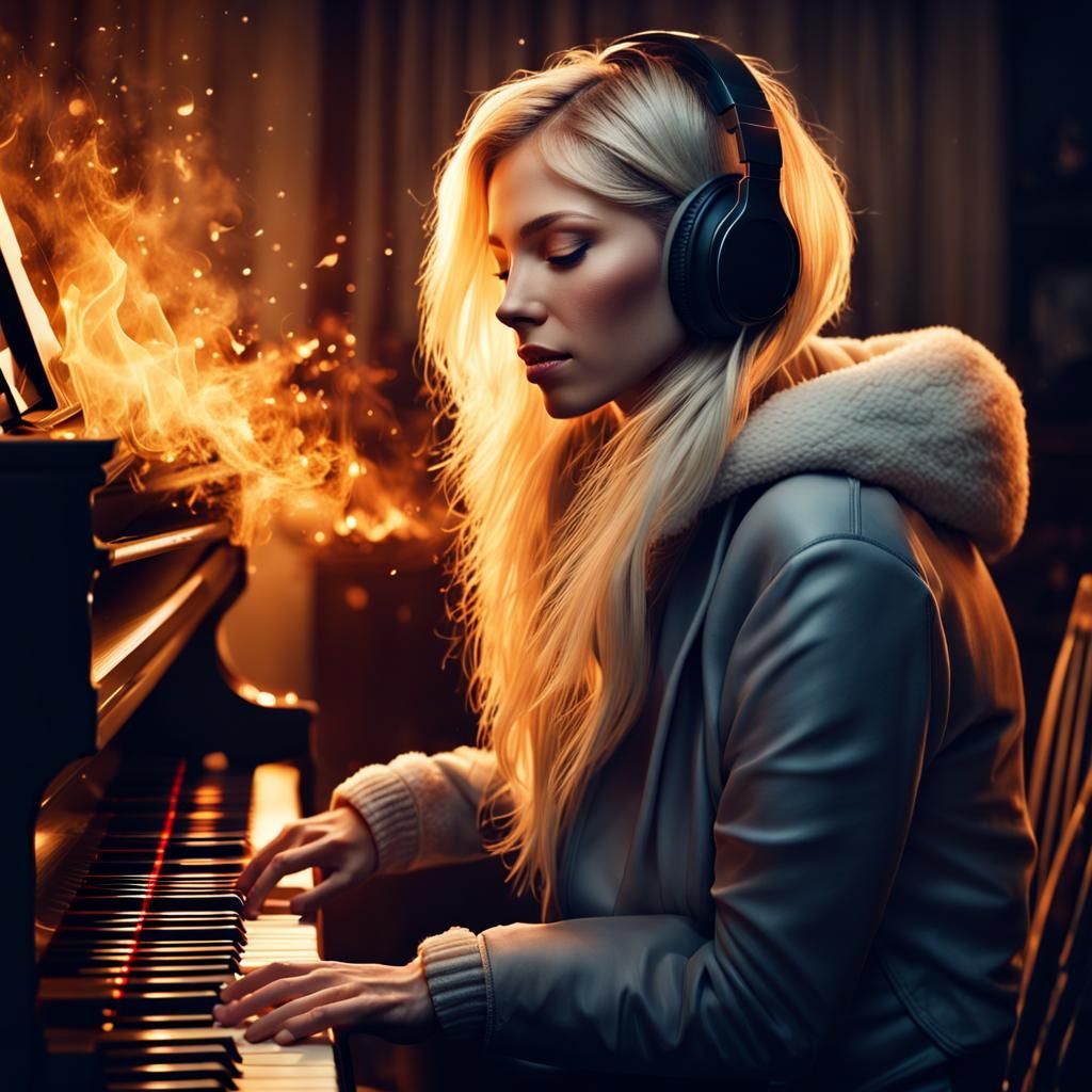 Blonde Woman Creating Winter Music at Piano