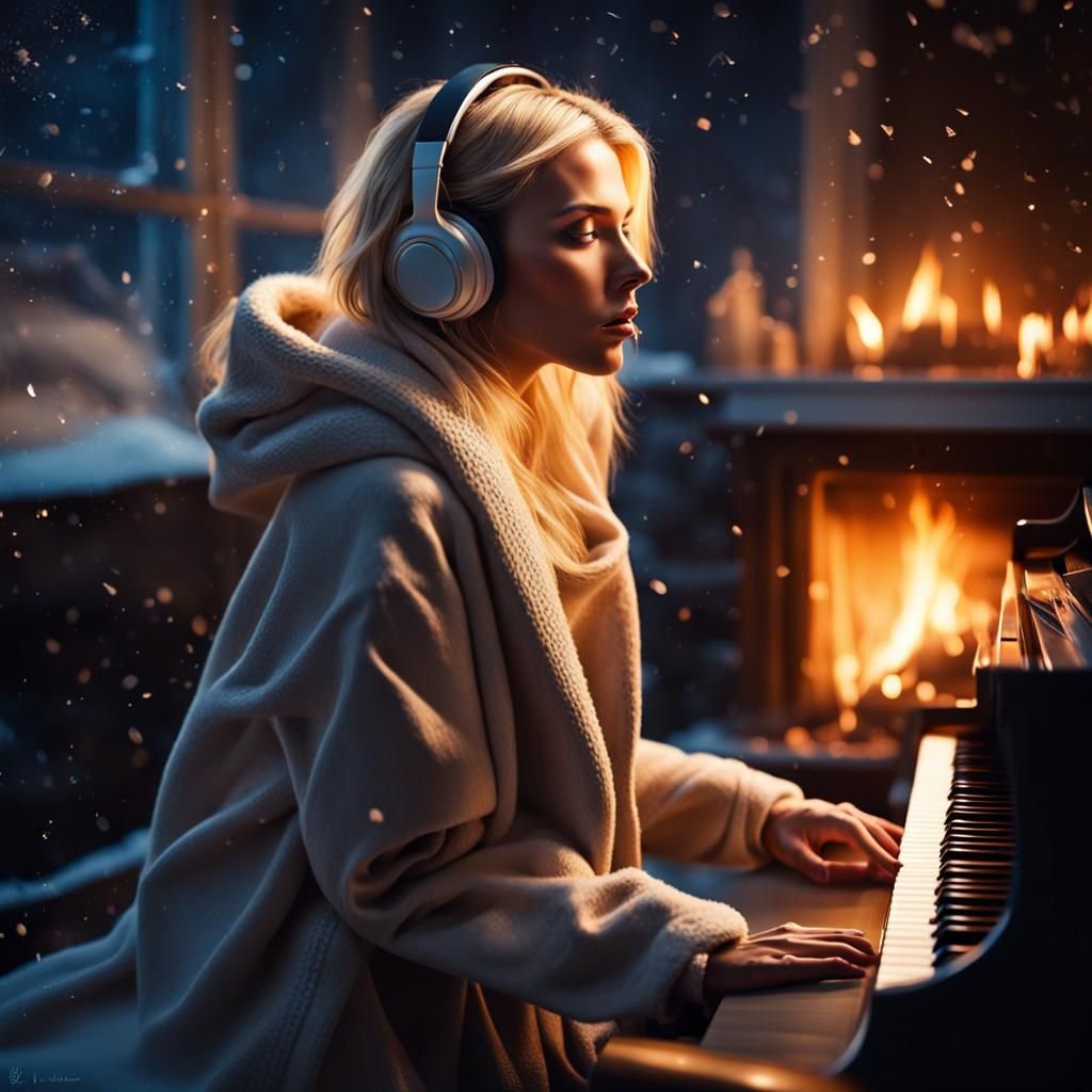 Passionate Pianist Composing Melodies on a Winter Night