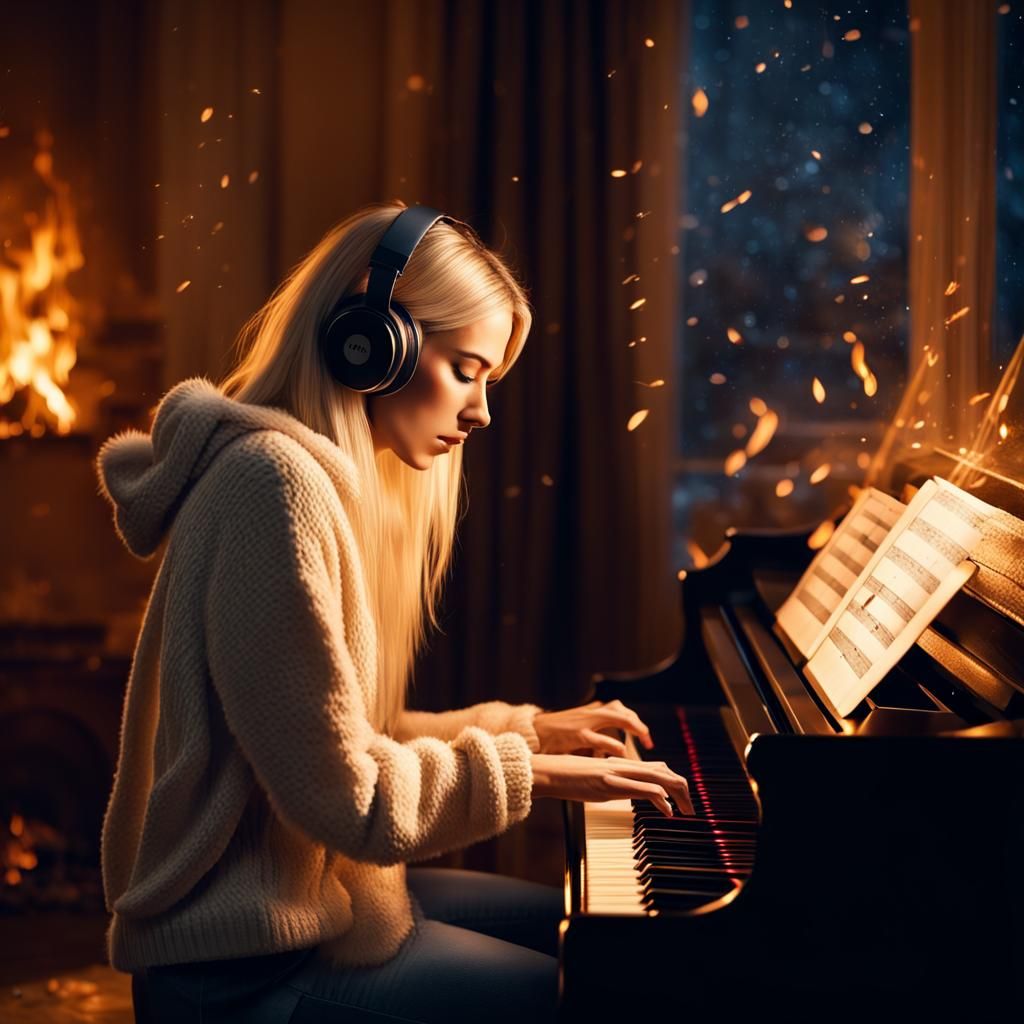 Woman at Piano: Bonfire Serenade on Winter Night
