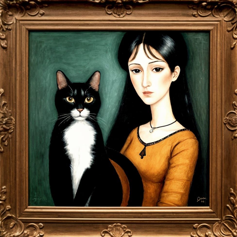 Amdreamy Portrait of a Woman in an Orange Dress, Her Cat by...