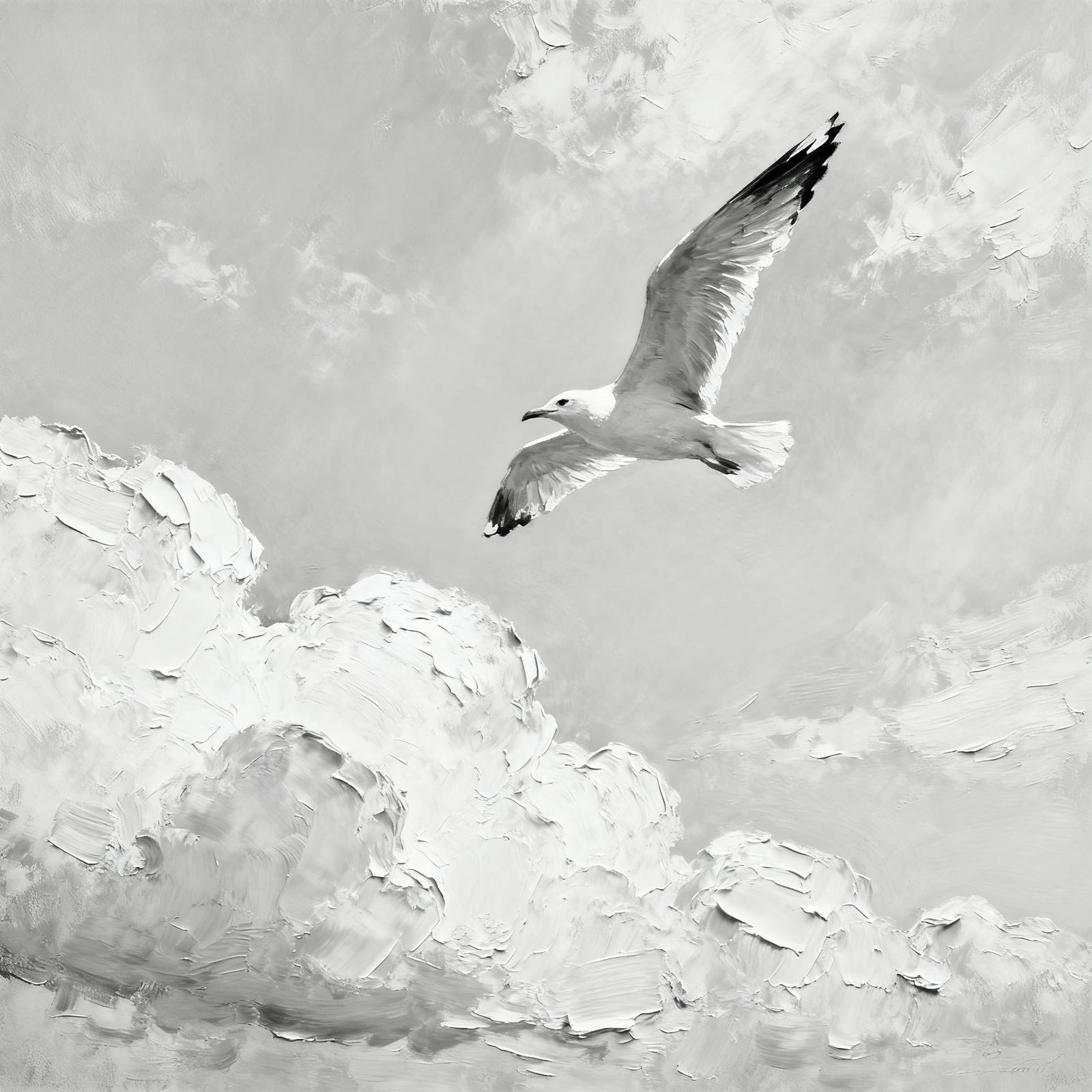 White Impasto Painting of a Soaring Seagull