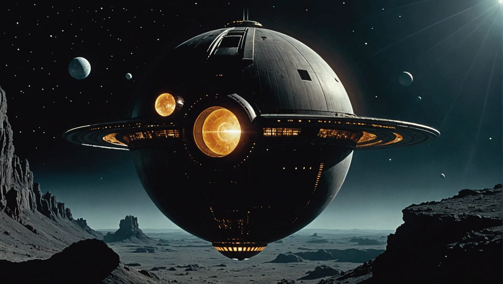 Steampunk Spaceship Soars Near Monolith in Black Space