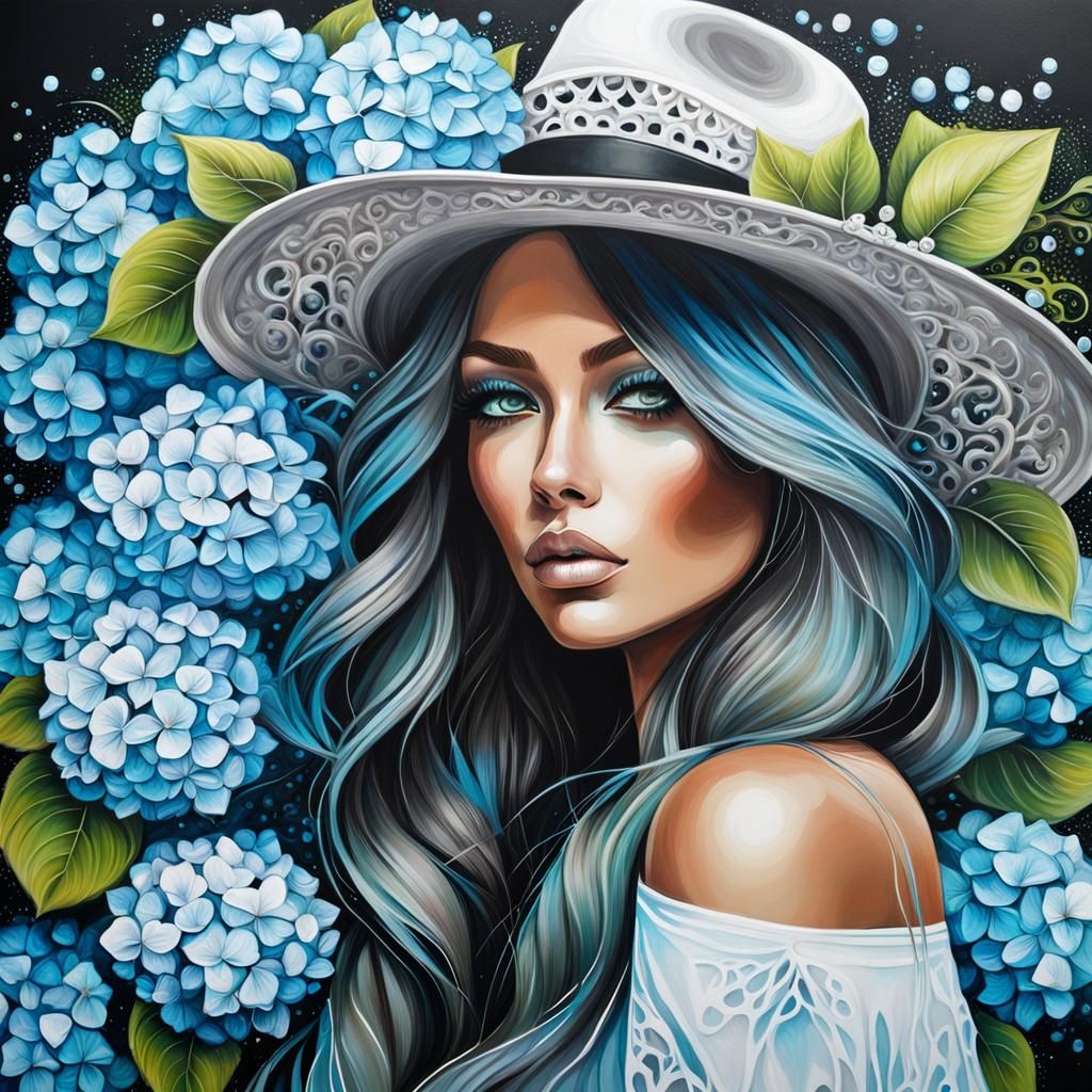 Girl with Hydrangeas in Graffiti Art Style