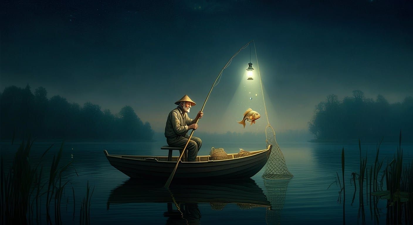 An elderly fisherman on the water,