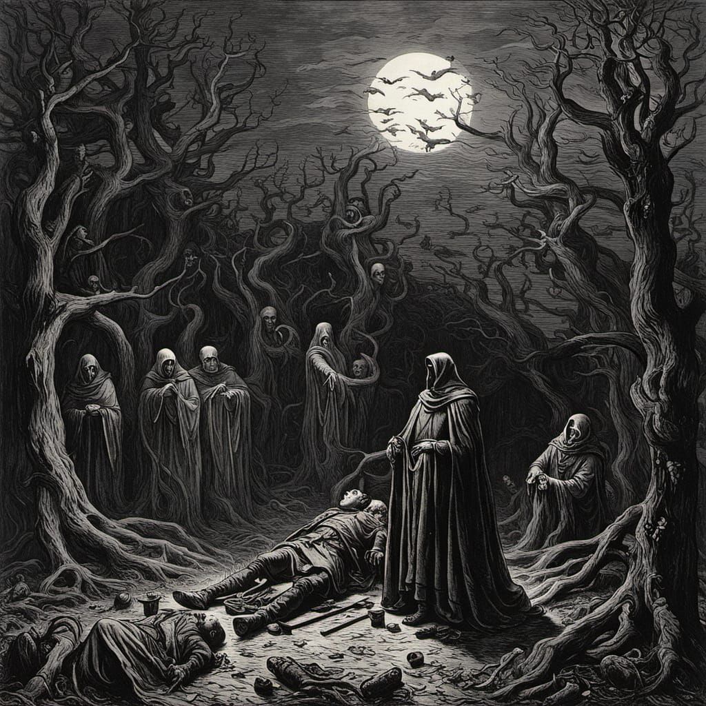 Dark Romantic Horror Scene in the Style of Gustave Doré