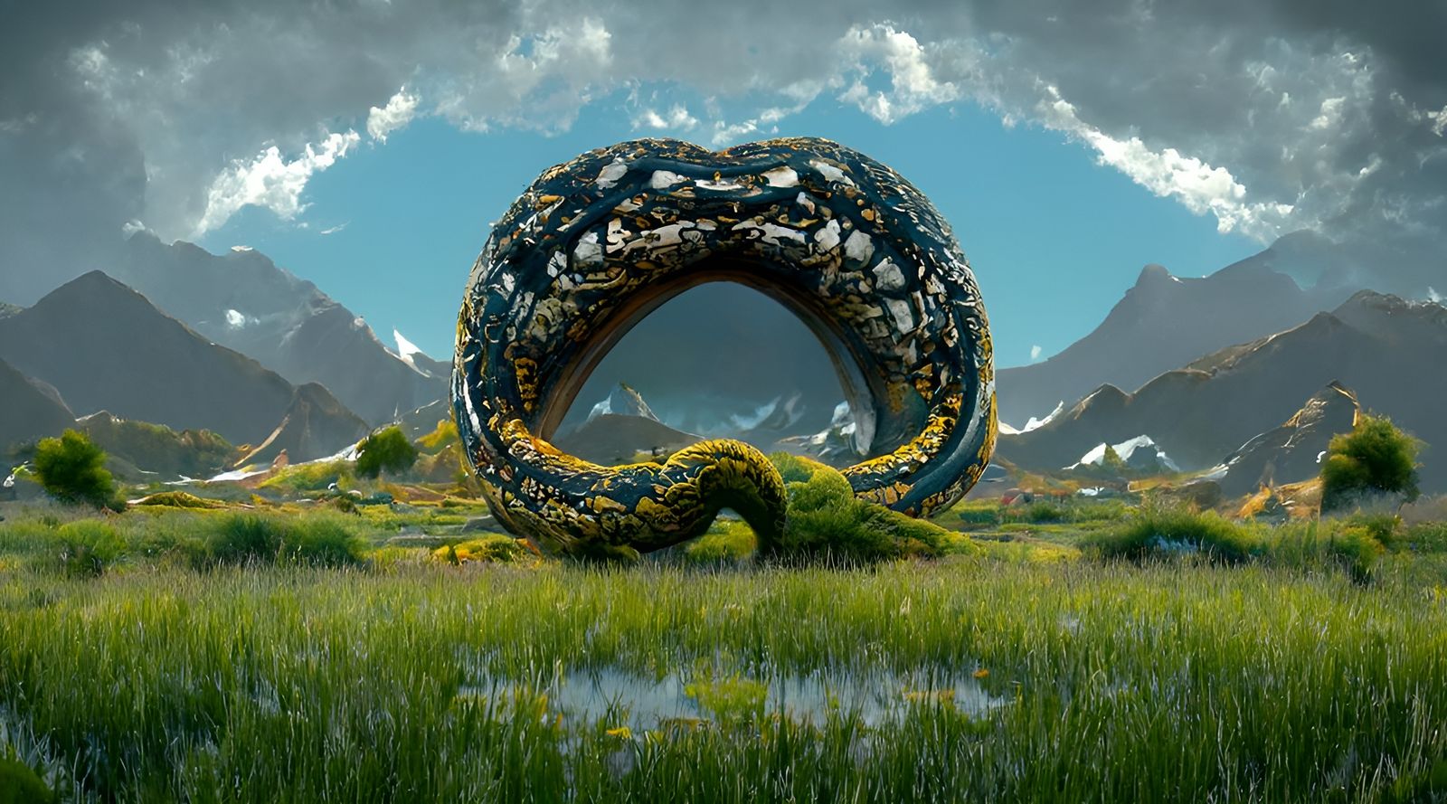 Colorful Ouroboros in Lush Valley, Digital Illustration