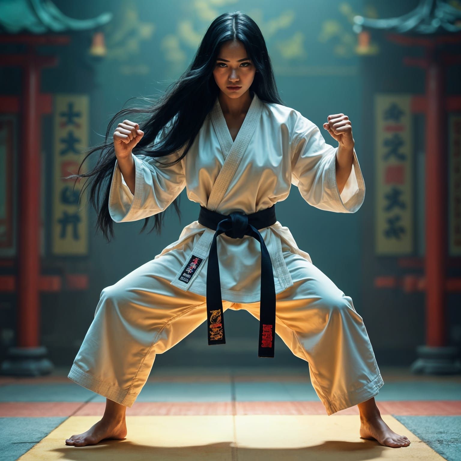 Hyperrealistic Asian Woman Karate Master in Fighting Pose