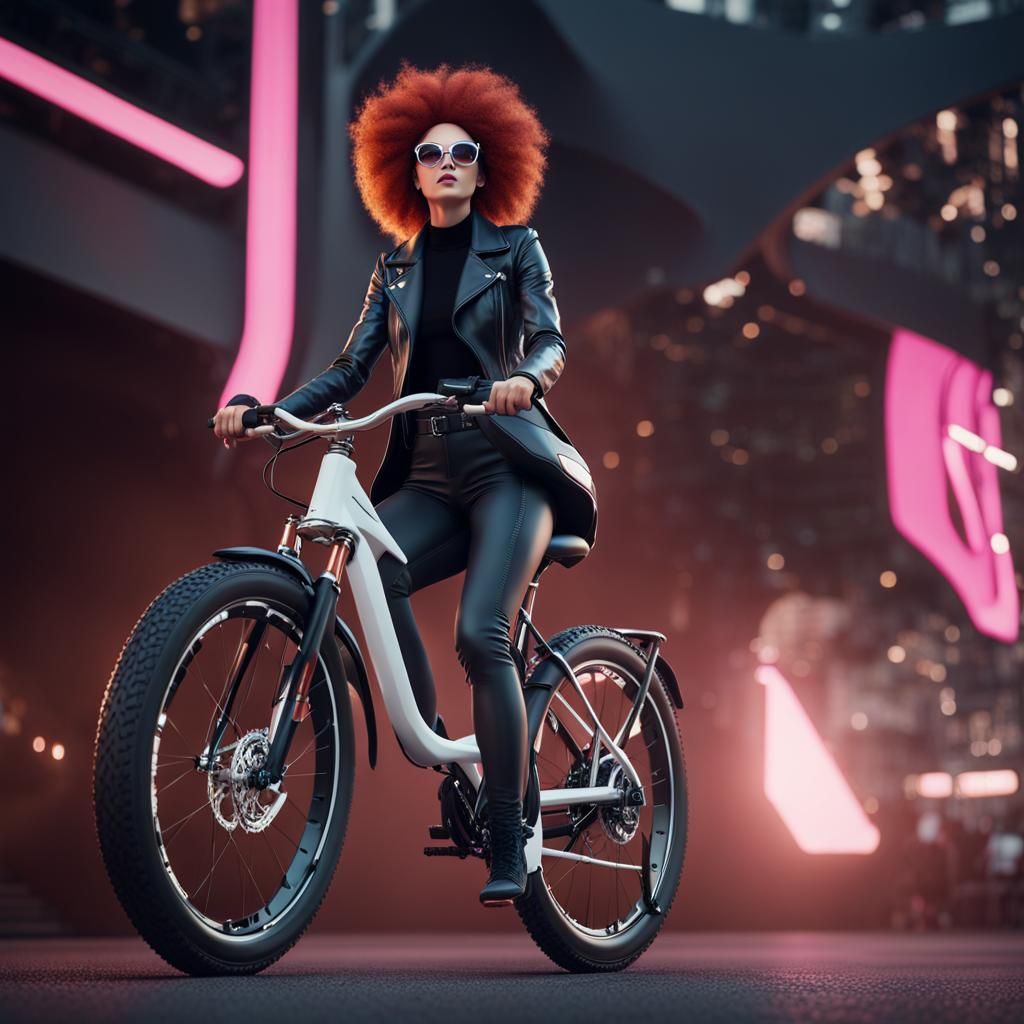 Happy Redhead on Bicycle in Sci-Fi Scene